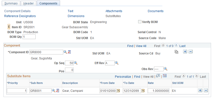 Engineering BOMs - Components: Substitutes page