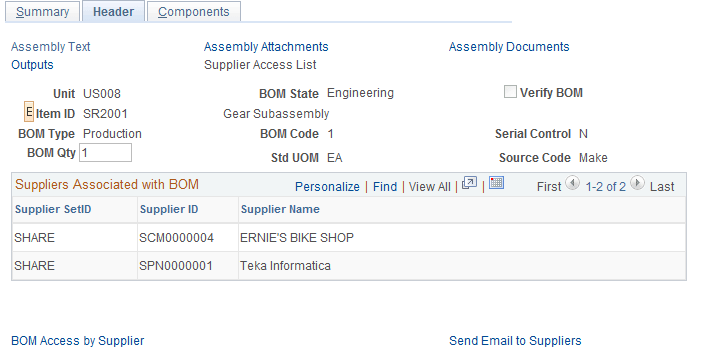 Engineering BOMs - Header: Supplier Access List page