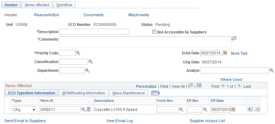 Maintain ECOs - Header: Header page