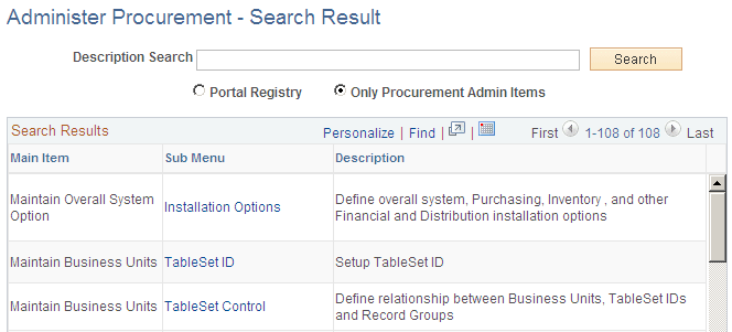 Administer Procurement - Search Result page (partial page shot)