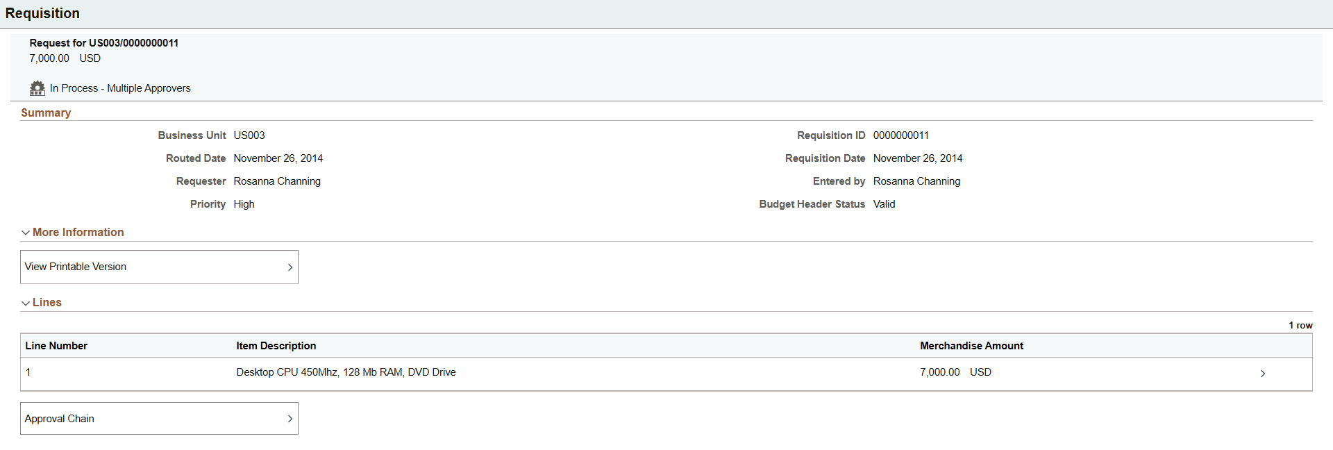 Approvals History - Requisition header approval page (tablet)