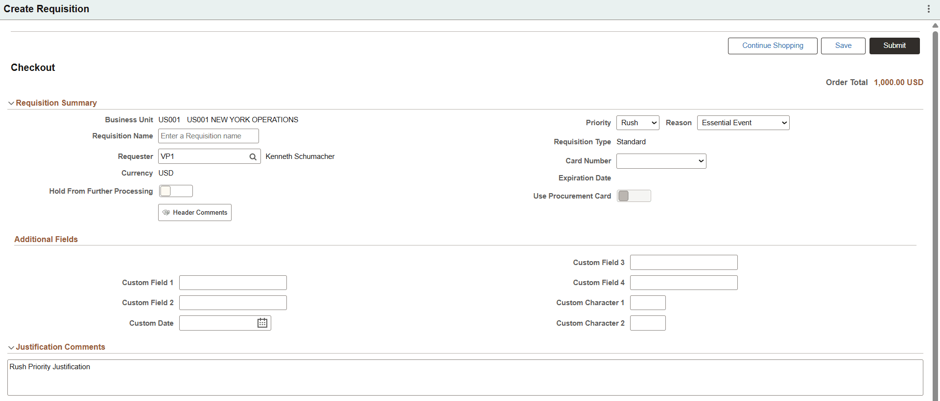 Create Requisition Checkout page