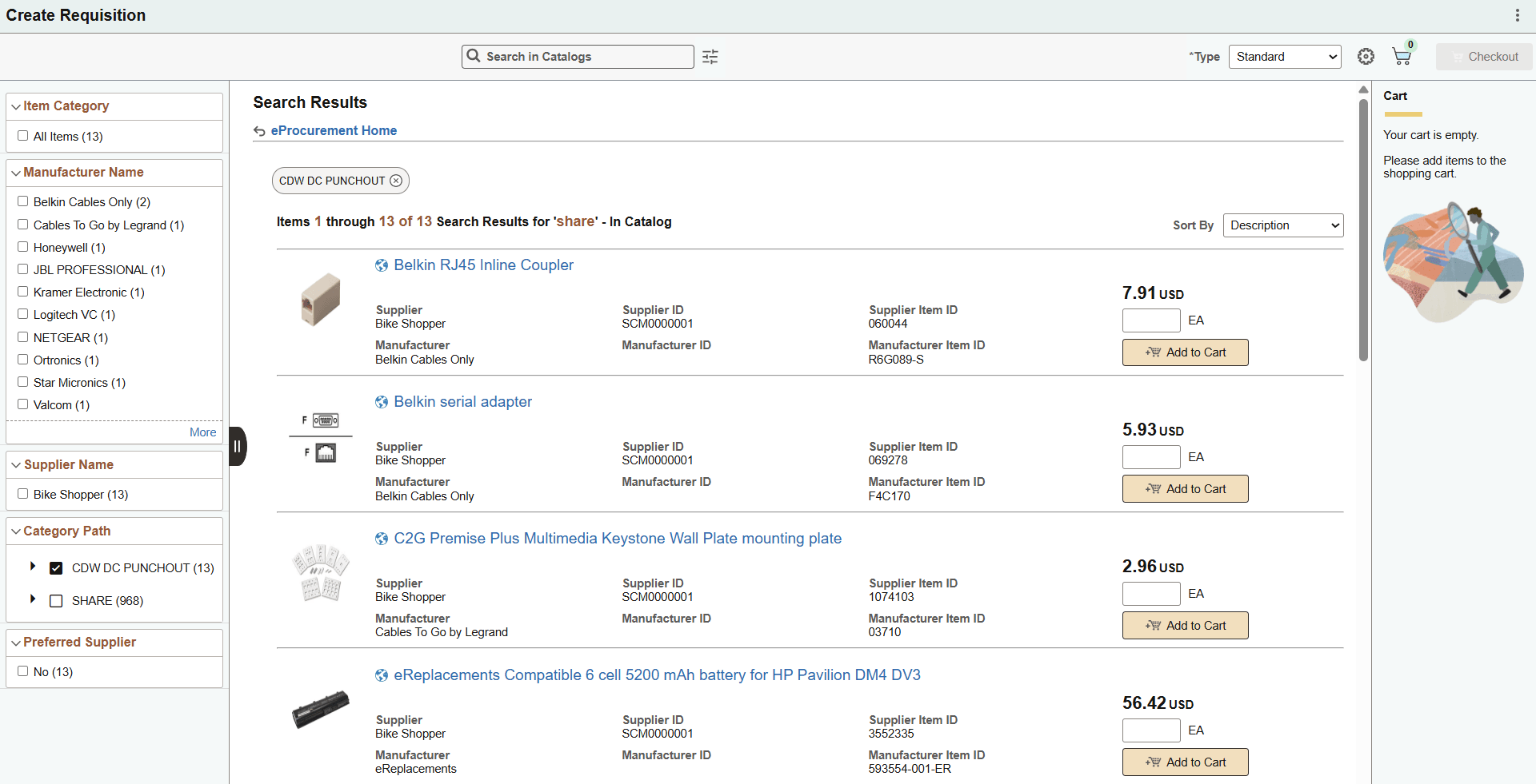 Create Requisition Search Results with External Catalogs