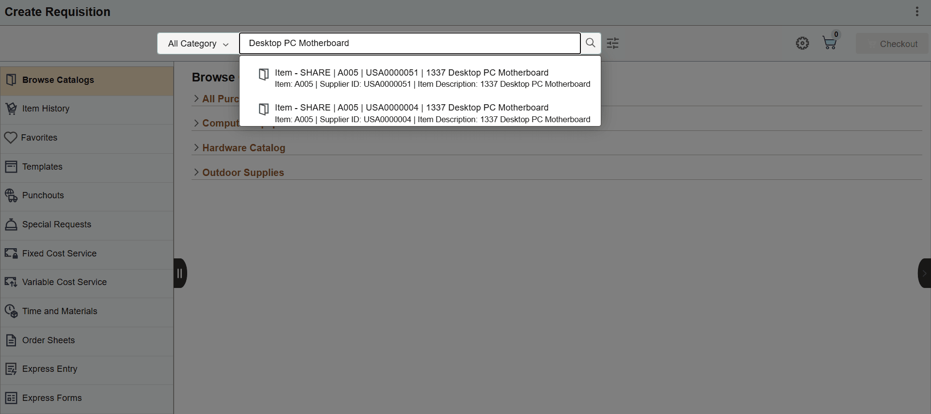 Create Requisition: Searching Items Page