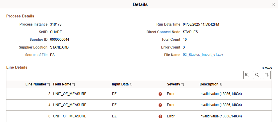 Import Process Details page - with Line Error