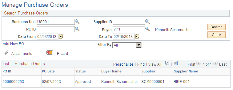 Manage Purchase Orders page