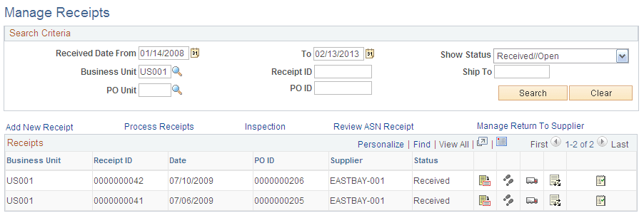 Manage Receipts page