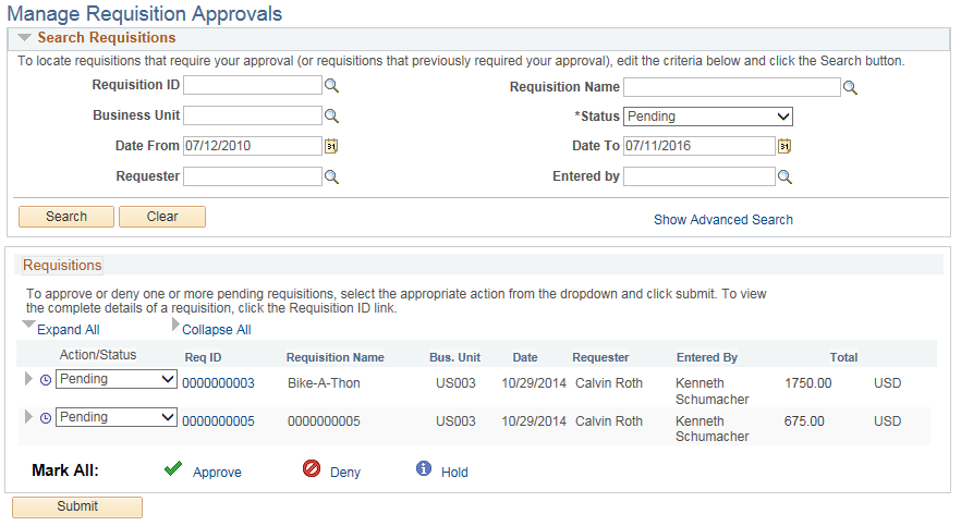 Manage Requisition Approvals page