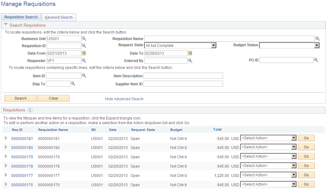 Manage Requisitions page