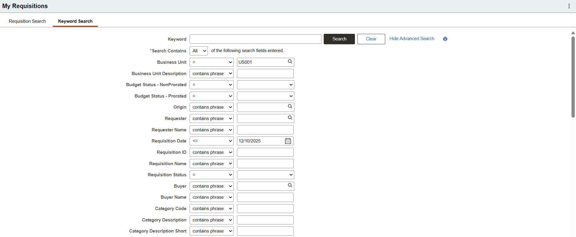 My Requisitions Advanced Search