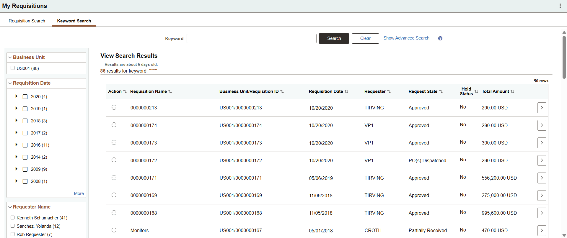 My Requisitions - Advanced Search Results