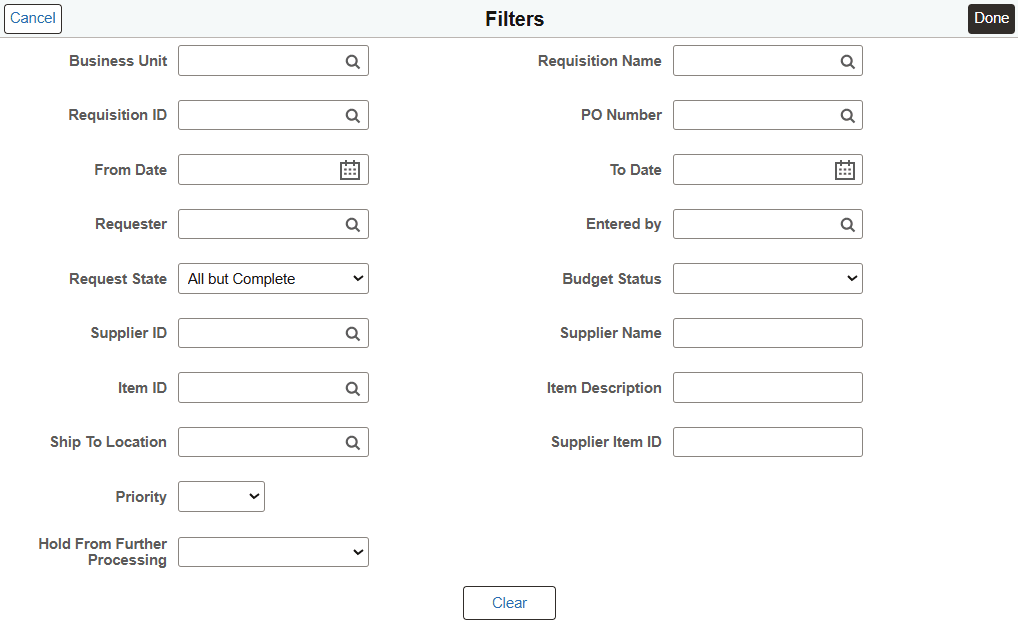 My Requisitions Filters page