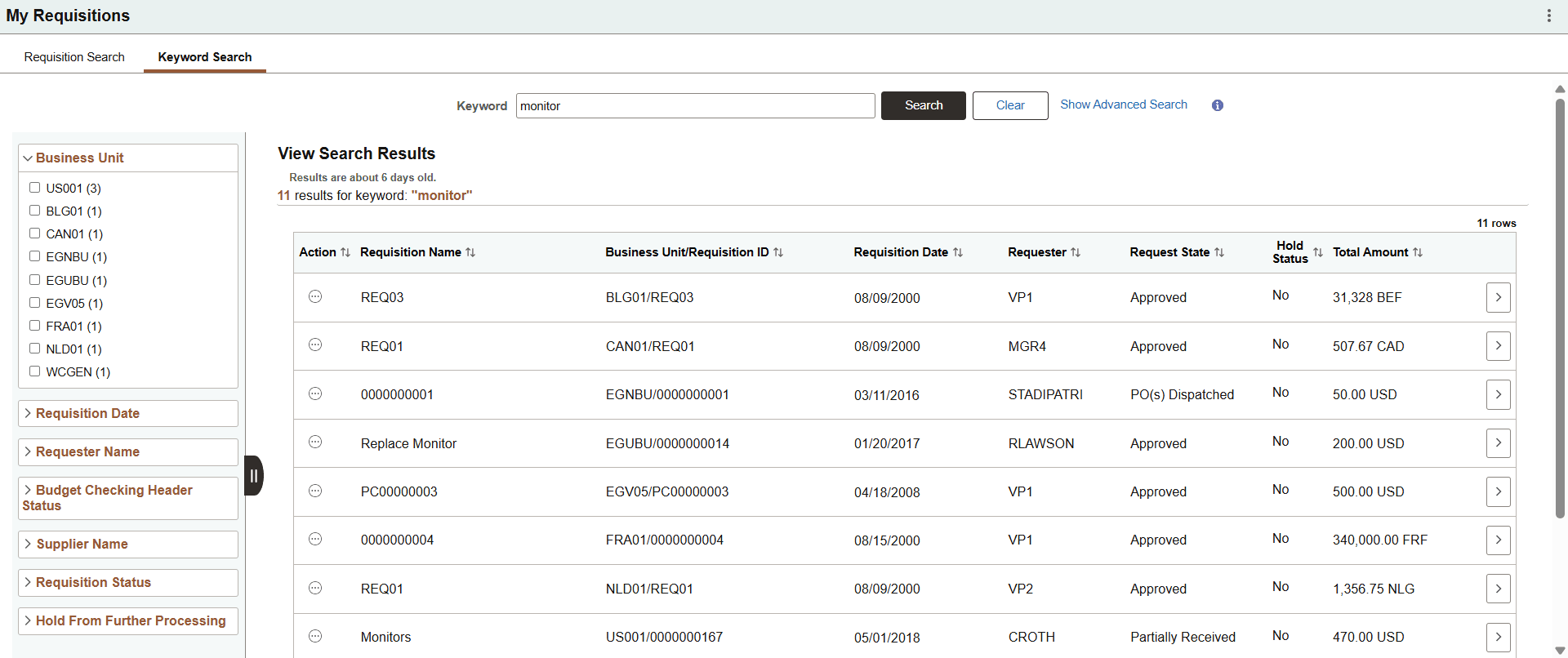 My Requisitions Keyword Search