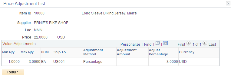 Price Adjustment List page