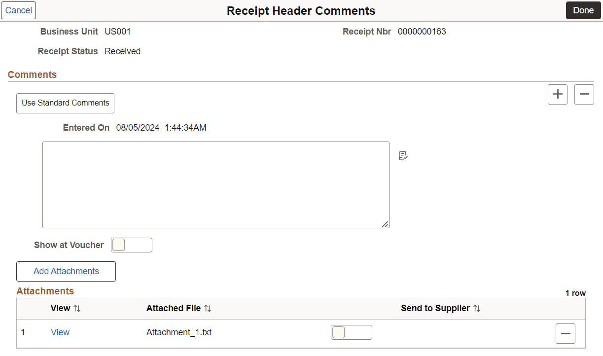 Receipt Header Comments