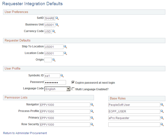 Requester Integration Defaults page