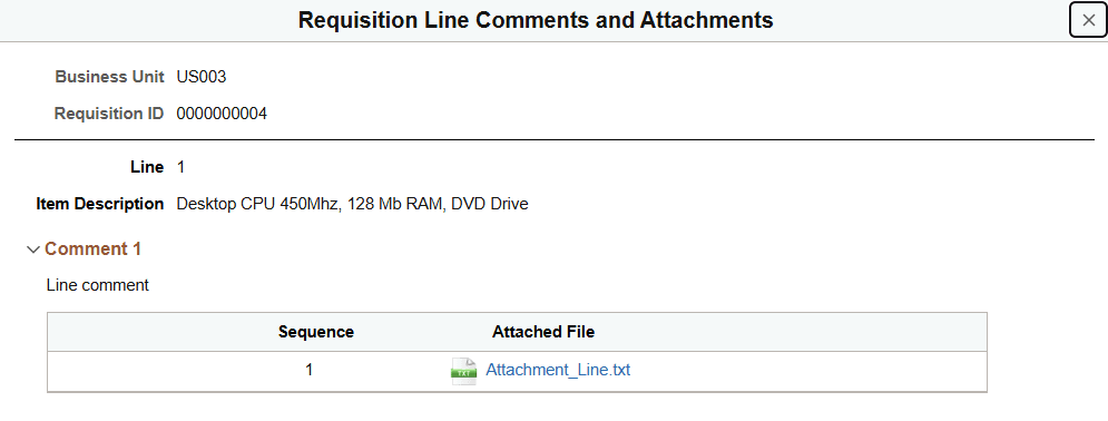 Requisition Line Comments and Attachments page