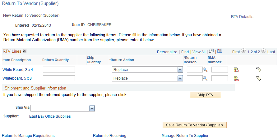 Return To Vendor page