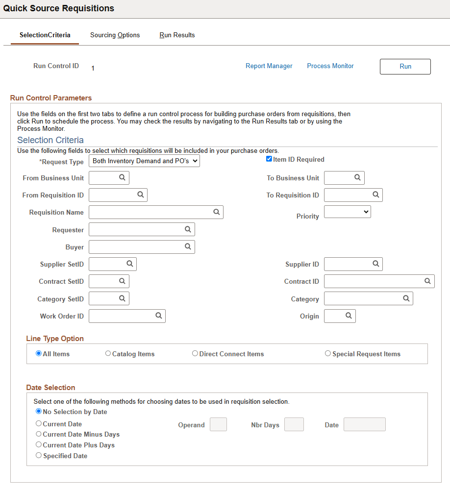 Selection Criteria page of the Quick Source Requisitions component