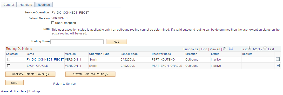 Service Operations - Routings page