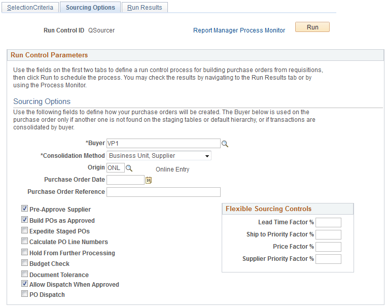 Sourcing Options page