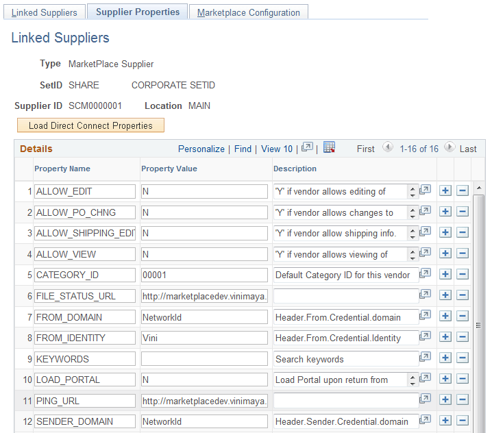 Supplier Properties page
