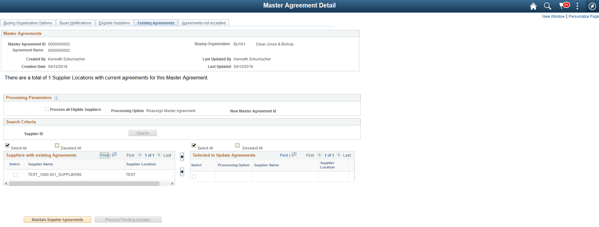 Master Agreements Detail - Existing Agreements Page