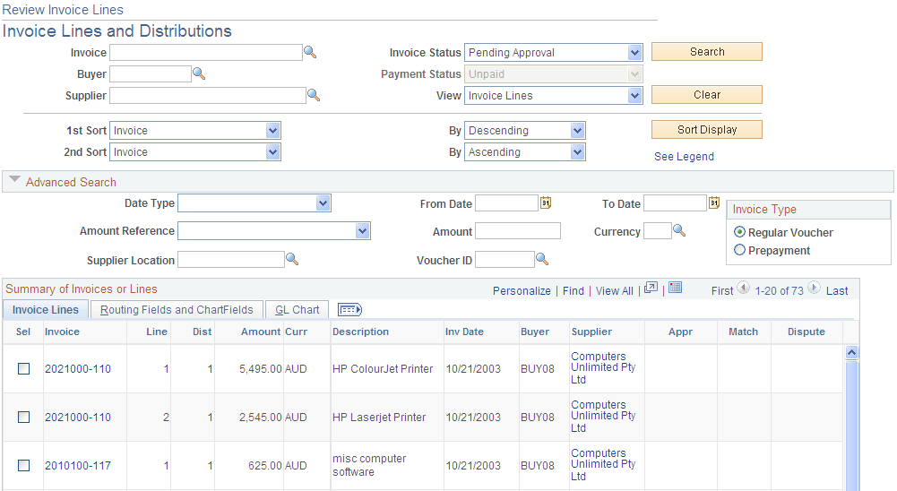 Review Invoice Lines - Invoice Lines and Distributions page