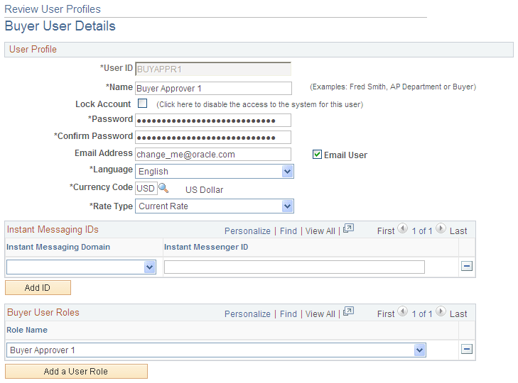 Review User Profiles - Buyer User Details page (1 of 2)