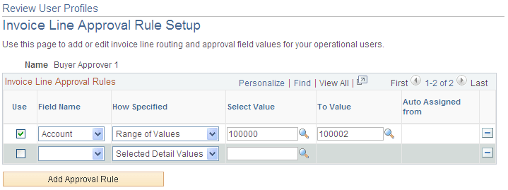 Review User Profiles - Invoice Line Approval Rule Setup page