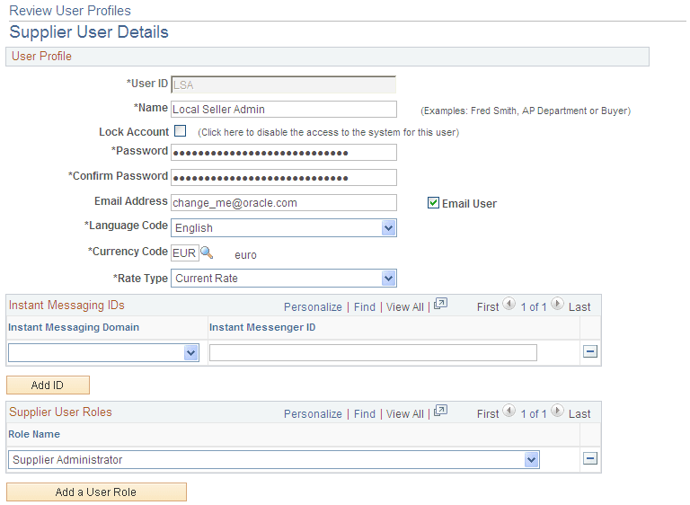 Review User Profiles - Supplier User Details page (1 of 2)