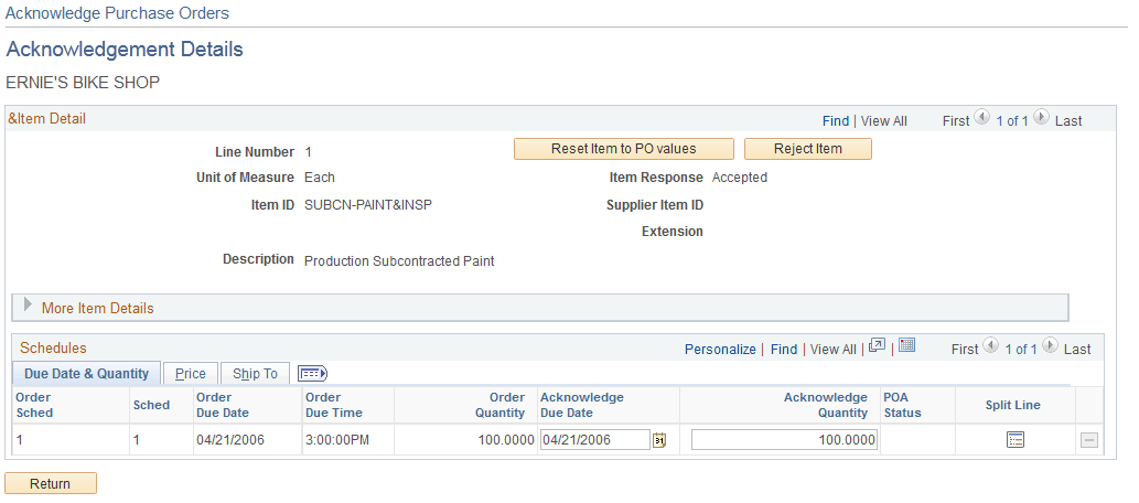 Acknowledge Purchase Orders - Acknowledgement Details page