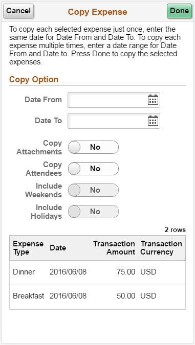 Copy Expense page