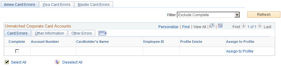 Credit Card Maintenance Errors - Amex Card Errors page