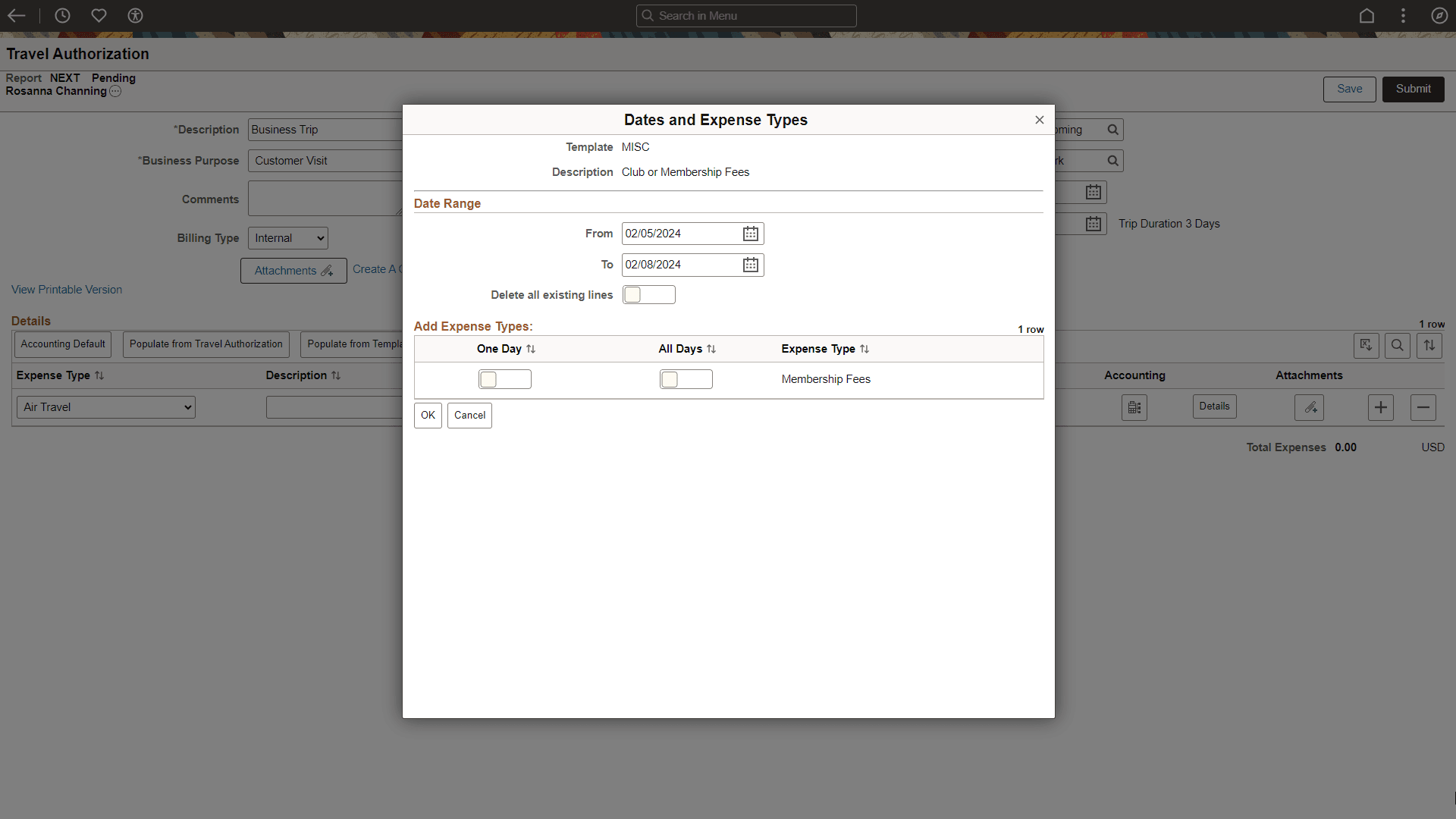 Dates and Expense Types