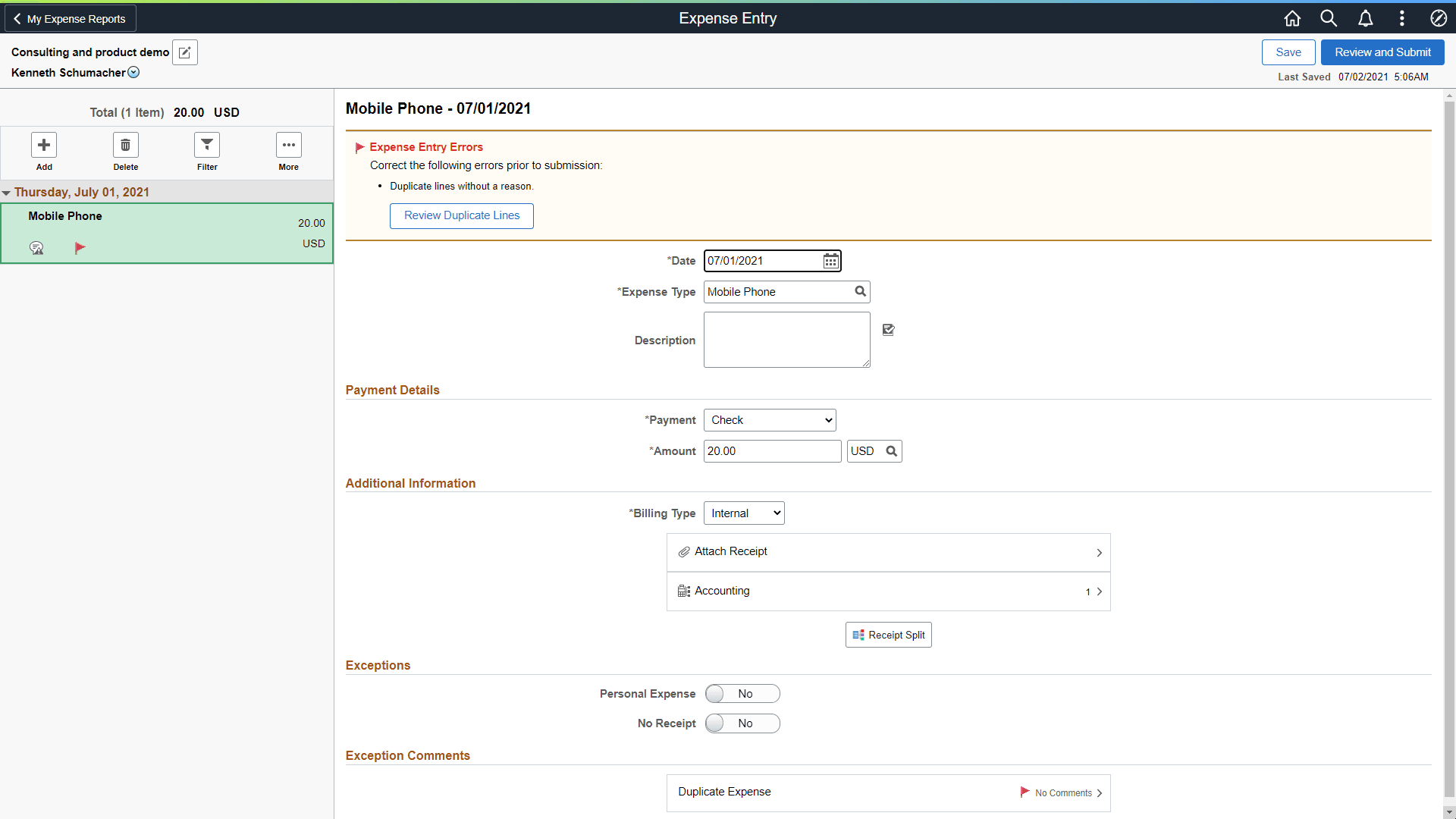 Expense Entry page with error