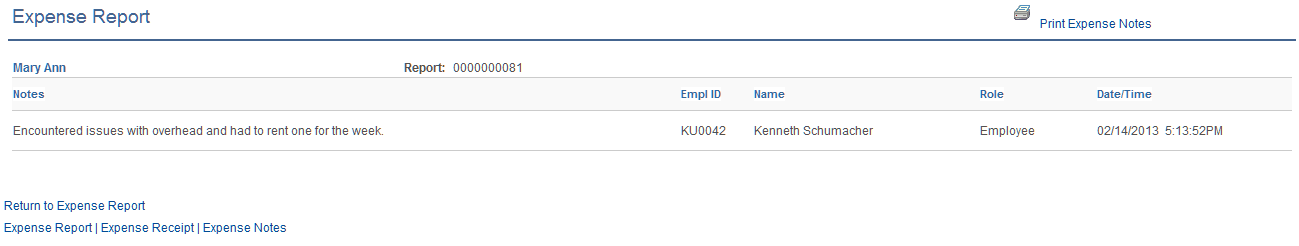 Expense Report - Notes page
