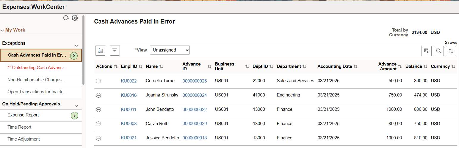 Expenses WorkCenter - Cash Advances Paid in Error (Work Management Enabled)