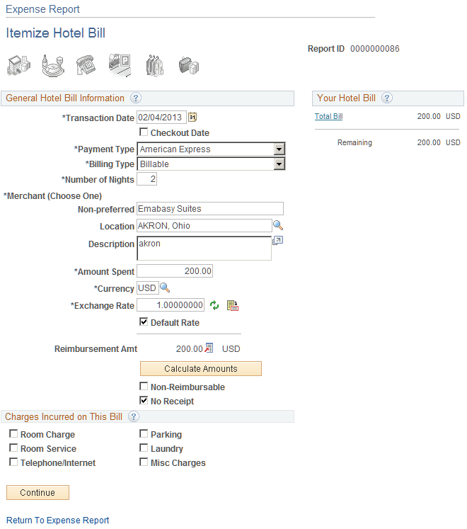 Itemize Hotel Bill page