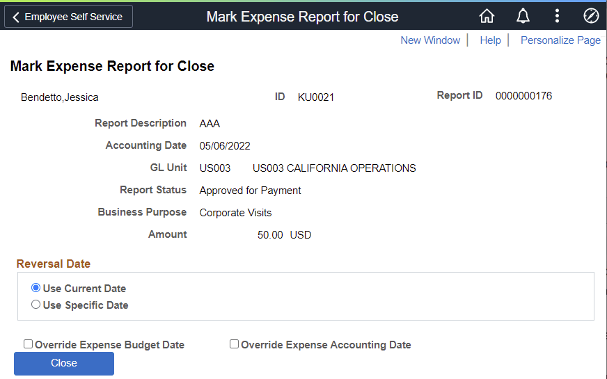 Mark Expense Report for Close