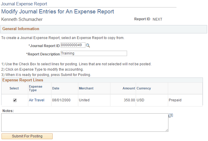 Modify Journal Entries for An Expense Report