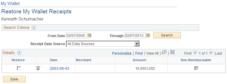 My Wallet - Restore My Wallet Receipts page