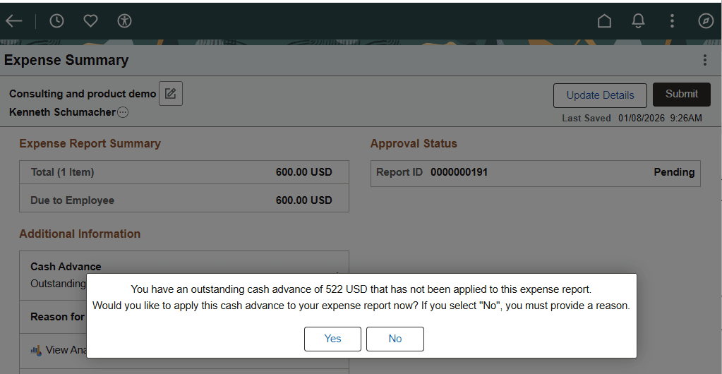 Outstanding Cash Advance Submit Message