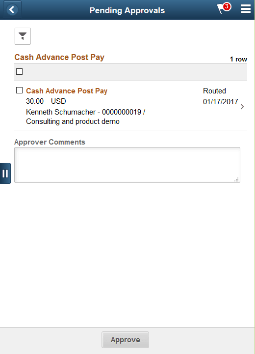 Pending Approvals - Cash Advance Post Pay list page as displayed on a smartphone