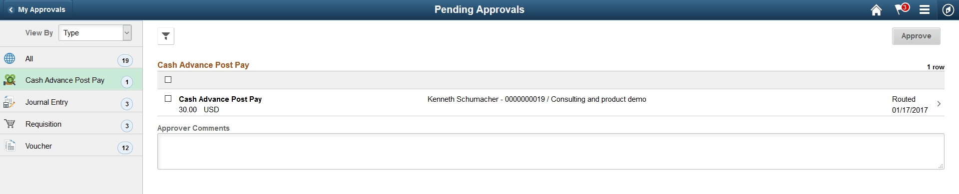 Pending Approvals - Cash Advance Post Pay list page