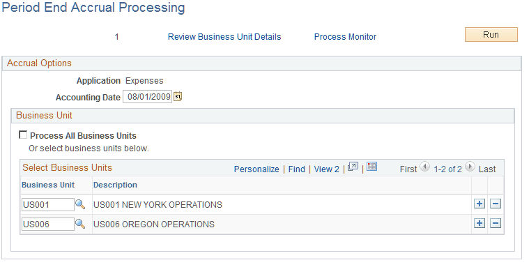 Period End Accrual Processing page