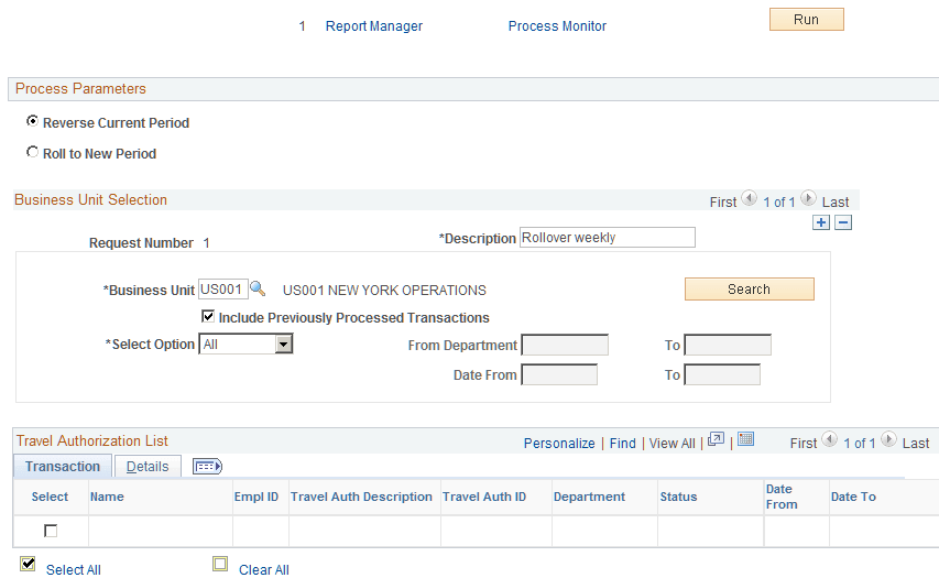 Rollover Travel Authorization page