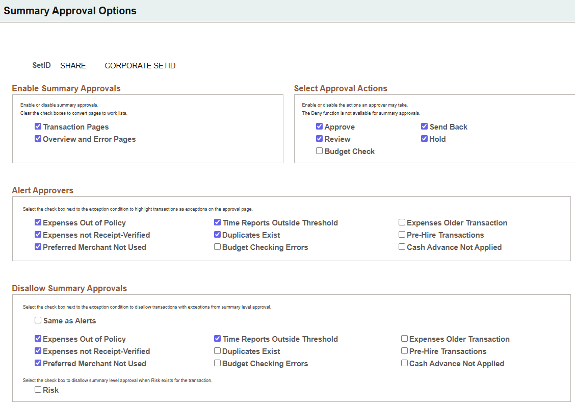 Summary Approval Options