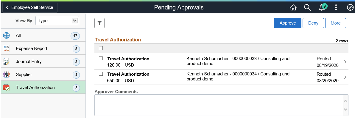 TA Pending Approvals List