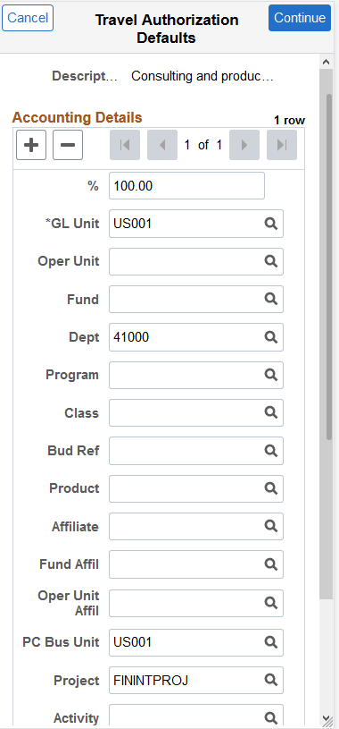 Travel Authorization Defaults - Accounting Details (SFF)